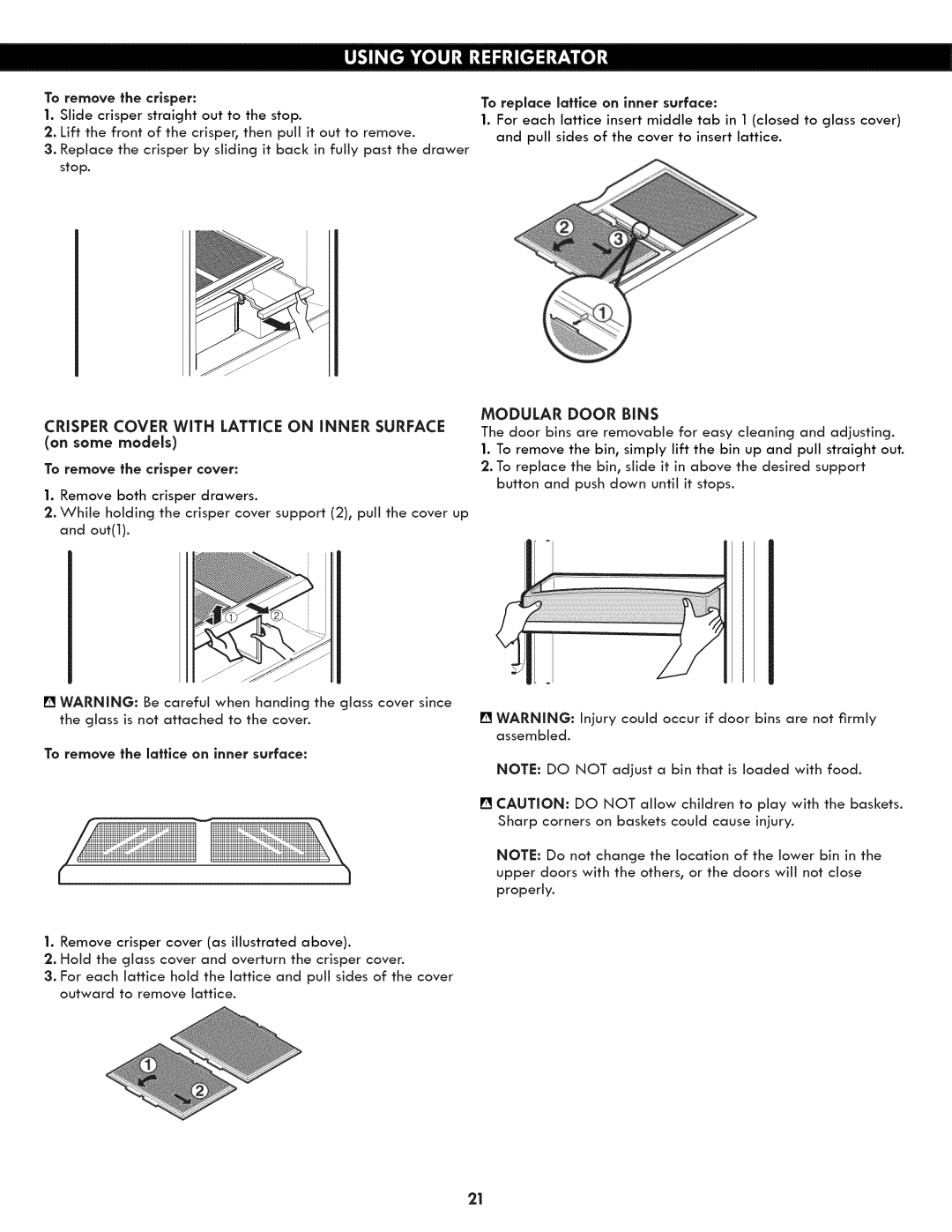 Kenmore 795.7130 manual Crisper Cover with Lattice on Inner Surface, To replace lattice on inner surface, Modular Door 