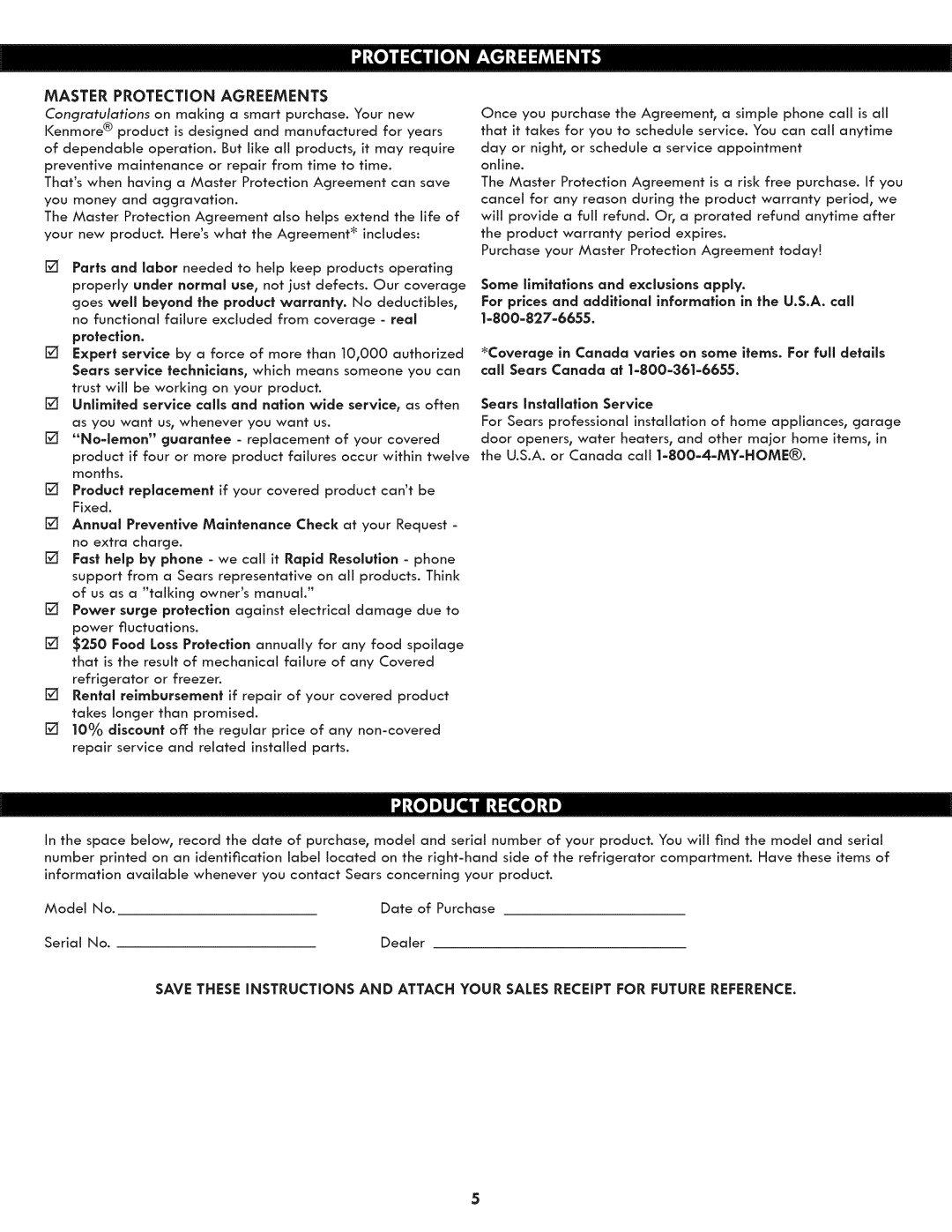 Kenmore 795.7130 manual Master Protection Agreements, Some limitations and exclusions apply, Sears Installation Servlce 