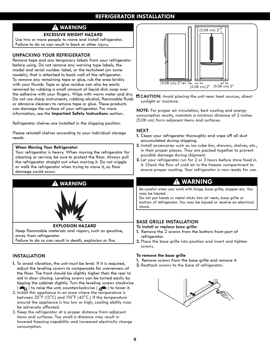 Kenmore 795.7130 manual Unpacking Your Refrigerator, Next, INSTALLATiON, Base Grille iNSTALLATiON 