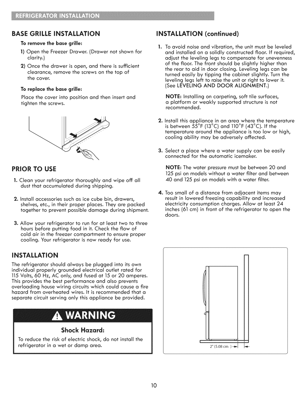 Kenmore 795.7202 manual Base Grille Installation, Prior to USE, Shock Hazard, To remove the base grllle 