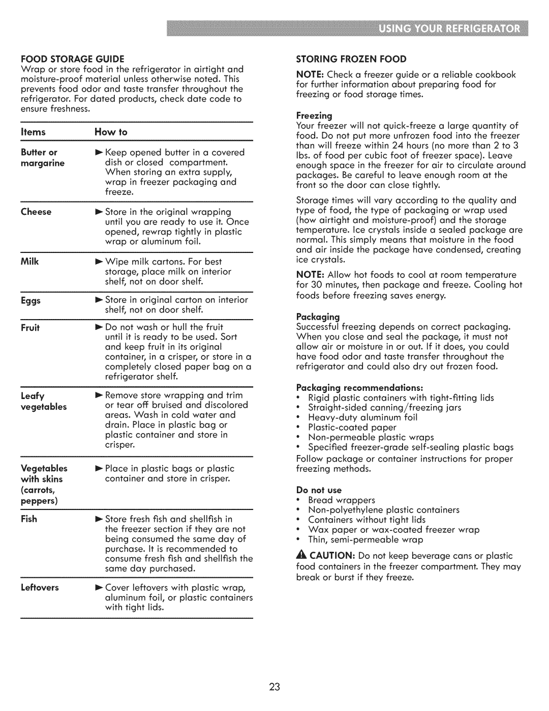 Kenmore 795.7202 manual Food Storage Guide 