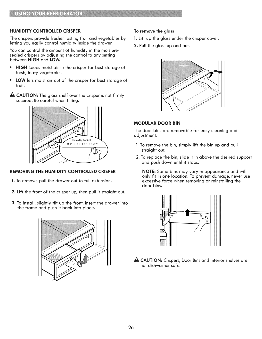 Kenmore 795.7202 manual HUMiDiTY Controlled, Removing the Humidity Controlled Crisper, Modular Door BIN 