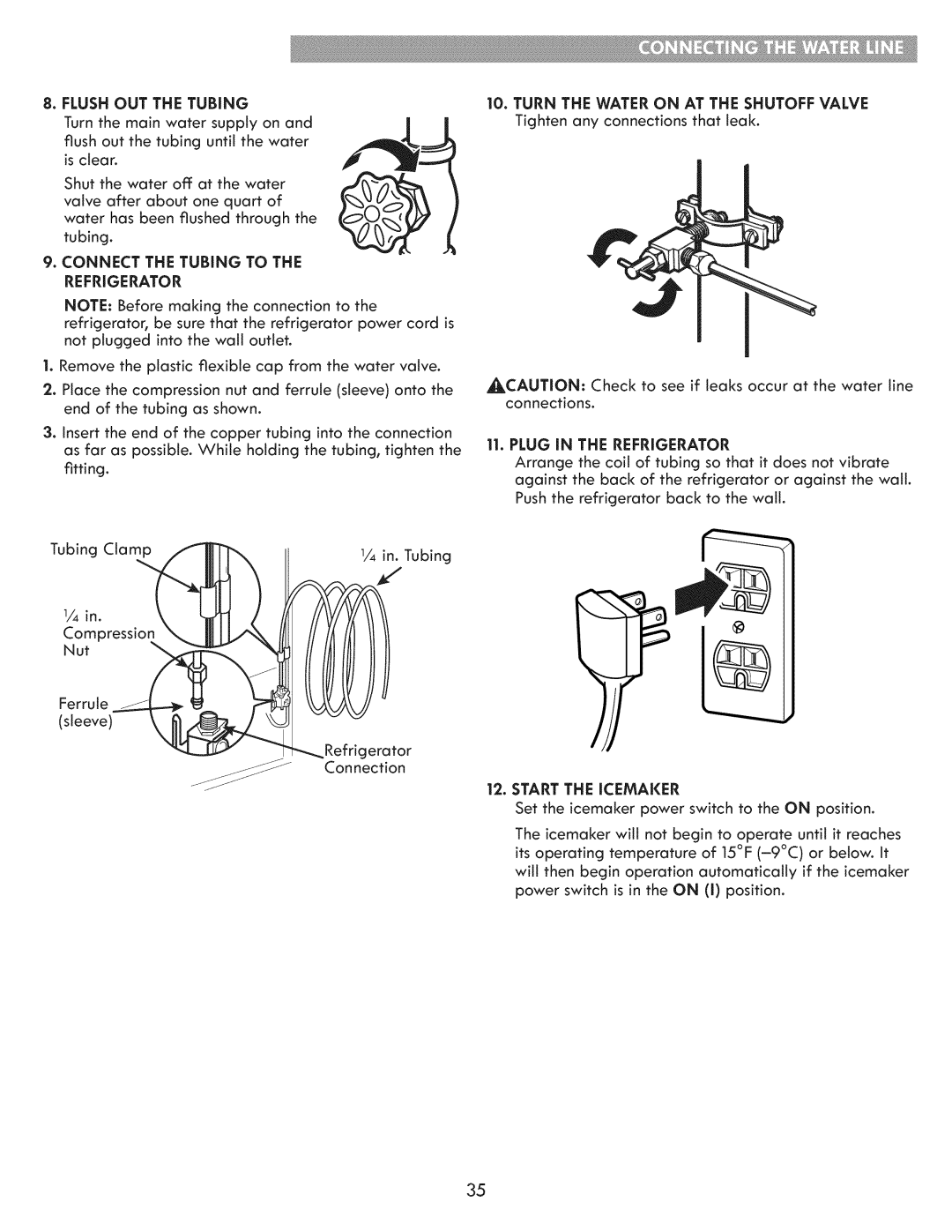 Kenmore 795.7202 manual Flush OUT the Tubing, Connect the Tubing to the Refrigerator, Start the Icemaker 