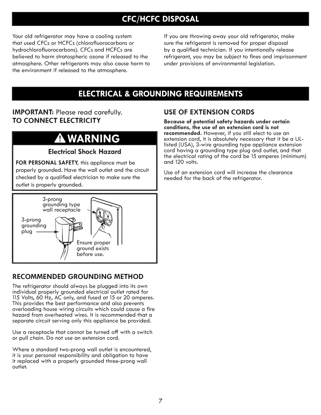 Kenmore 795.7202 To Connect Electricity, Recommended Grounding Method, USE of Extension Cords, Electrical Shock Hazard 