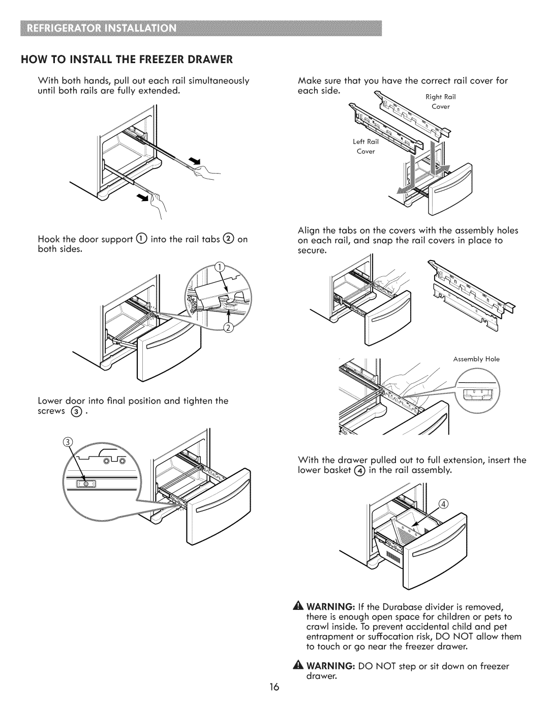 Kenmore 795.7202 manual L_-_-..Iii, Hole, How To Install The Freezer Drawer 