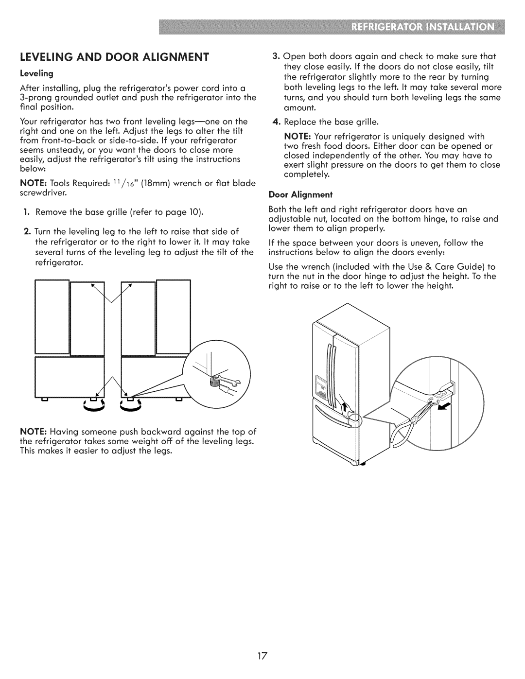 Kenmore 795.7202 manual Leveling And Door Alignment 