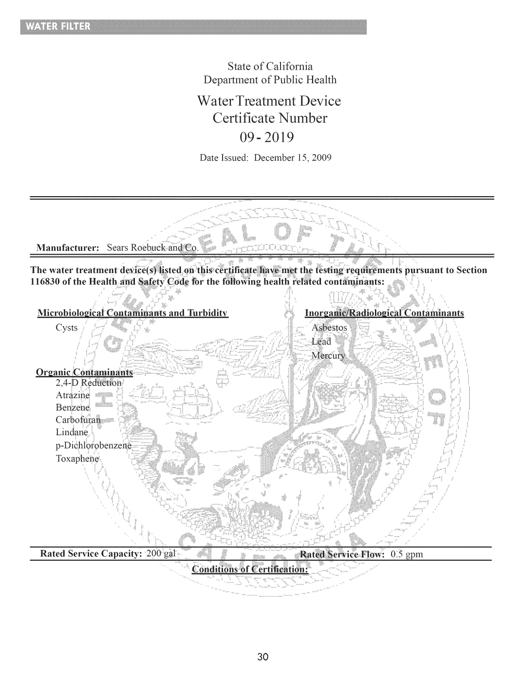 Kenmore 795.7202 Water Treatment Device Certificate Number, State of California Department of Public Health, Toxaphene 