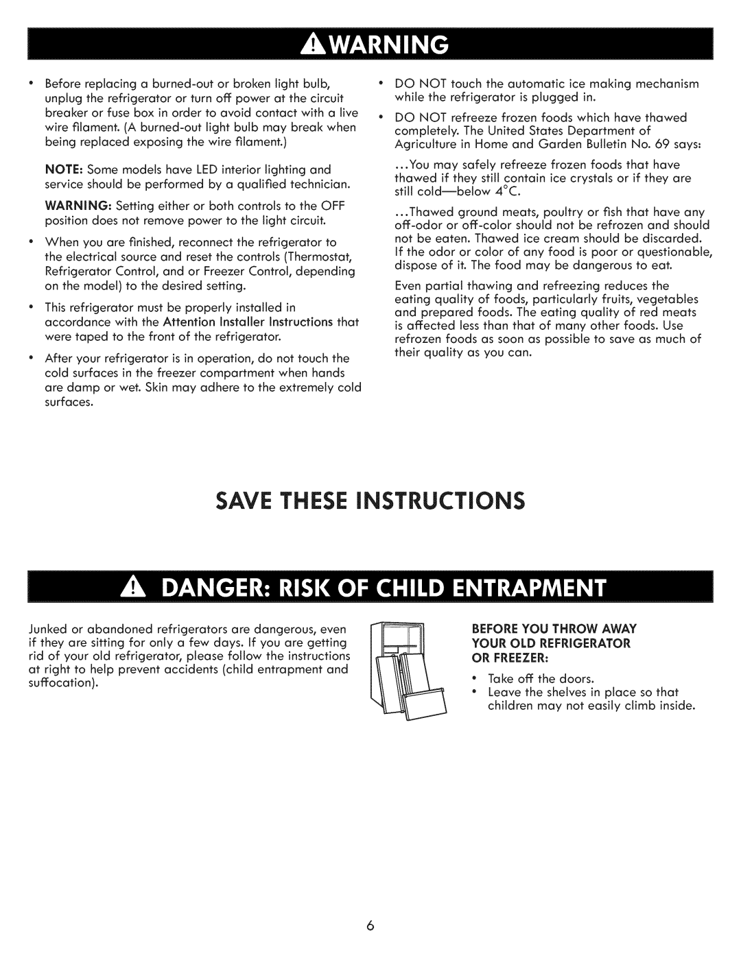 Kenmore 795.7202 manual Save These Instructions, Before You Throw Away Your Old Refrigerator 