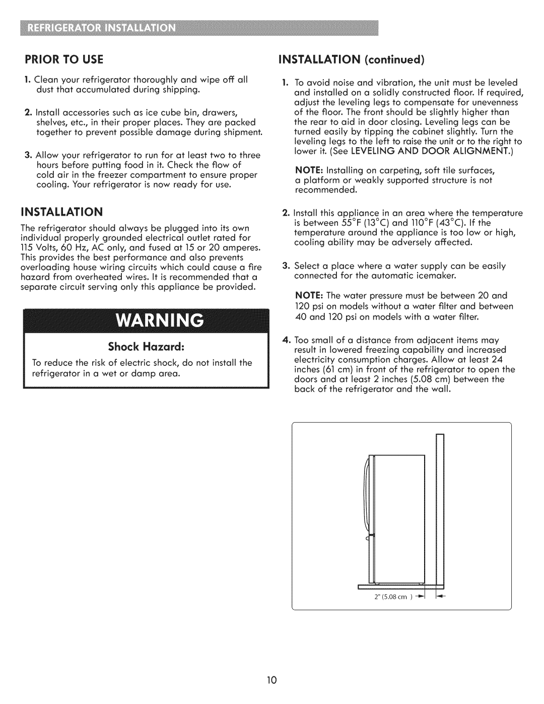 Kenmore 795.7205 manual Prior to USE, Shock Hazard 