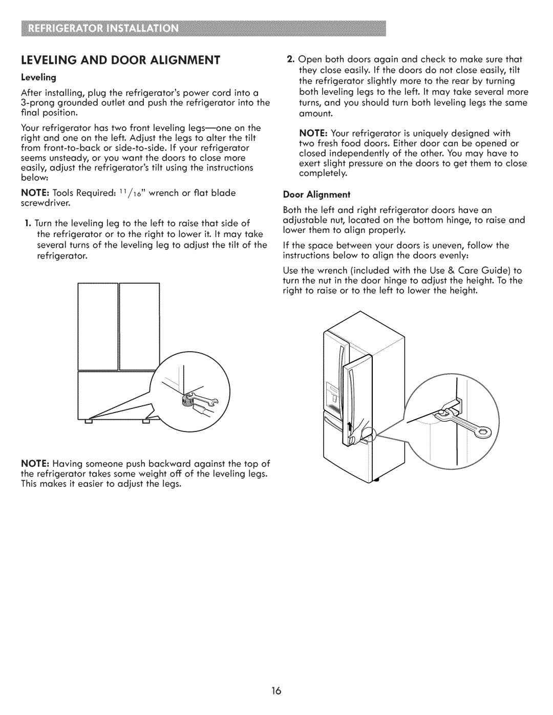 Kenmore 795.7205 manual Leveling and Door Alignment 