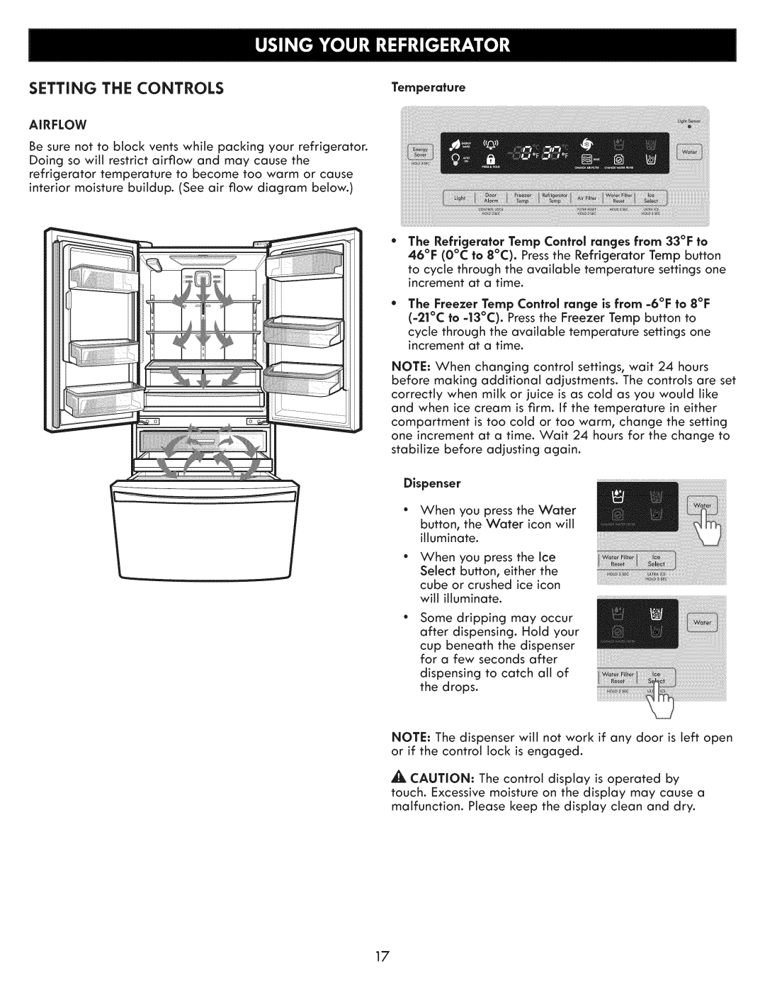 Kenmore 795.7205 manual Setting the Controls, Airflow, Refrigerator Temp Control ranges from 33F to 