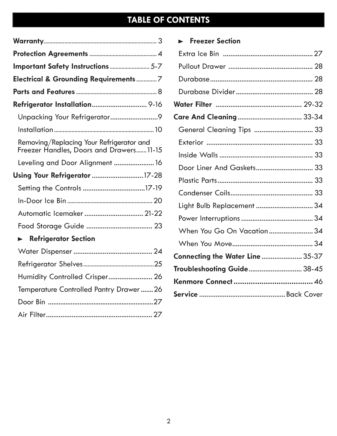 Kenmore 795.7205 manual Warranty, Electrical, Parts, Water, Refrigerator Section, Care, You Go, Connecting, Service 