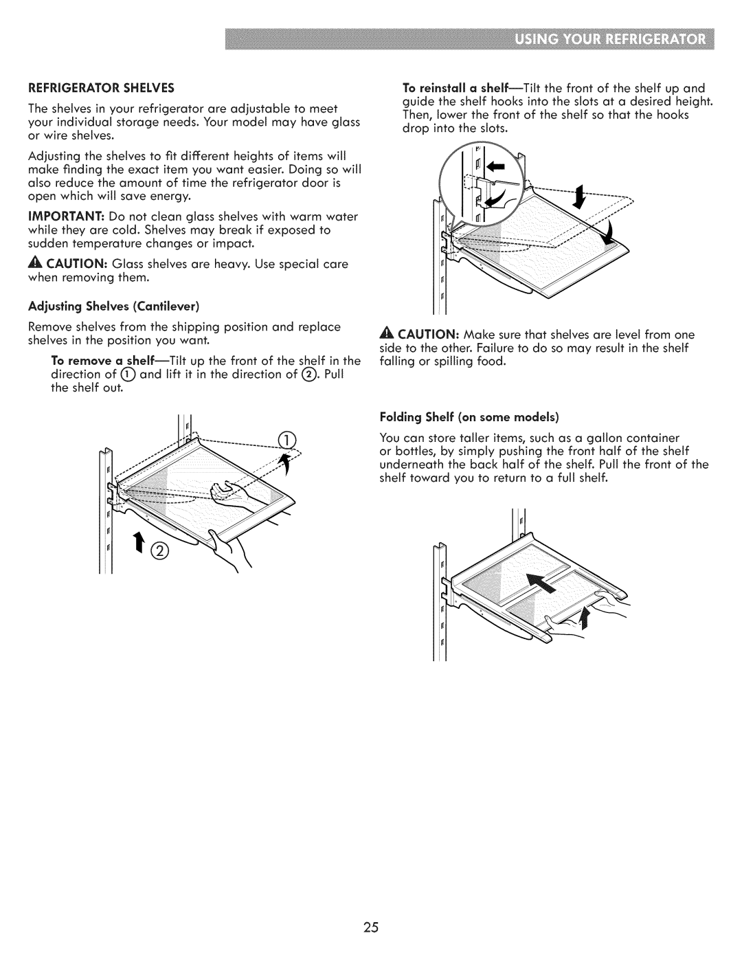 Kenmore 795.7205 manual Adjusting Shelves Cantilever, Foldlng Shelf on some models 