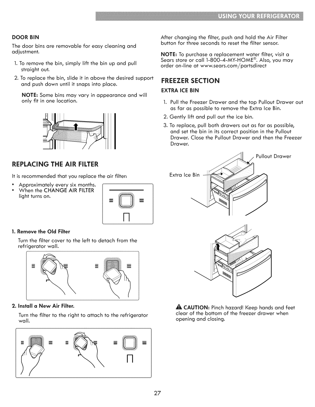 Kenmore 795.7205 manual Replacing the AiR Filter, Freezer Section, Install a New Air Filter, Extra iCE BiN 