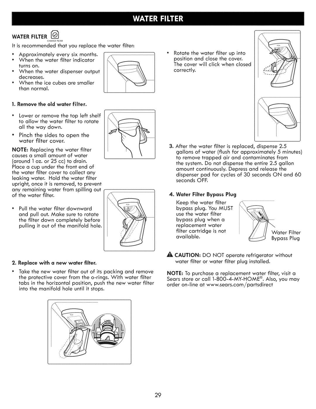 Kenmore 795.7205 manual Water Filter Bypass Plug 