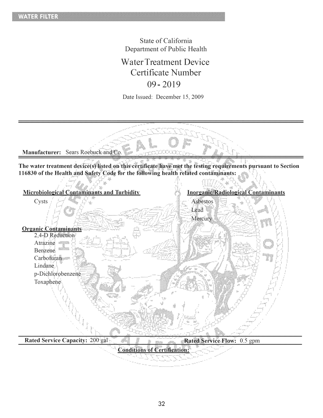 Kenmore 795.7205 manual Water Treatment Device Certificate Number 