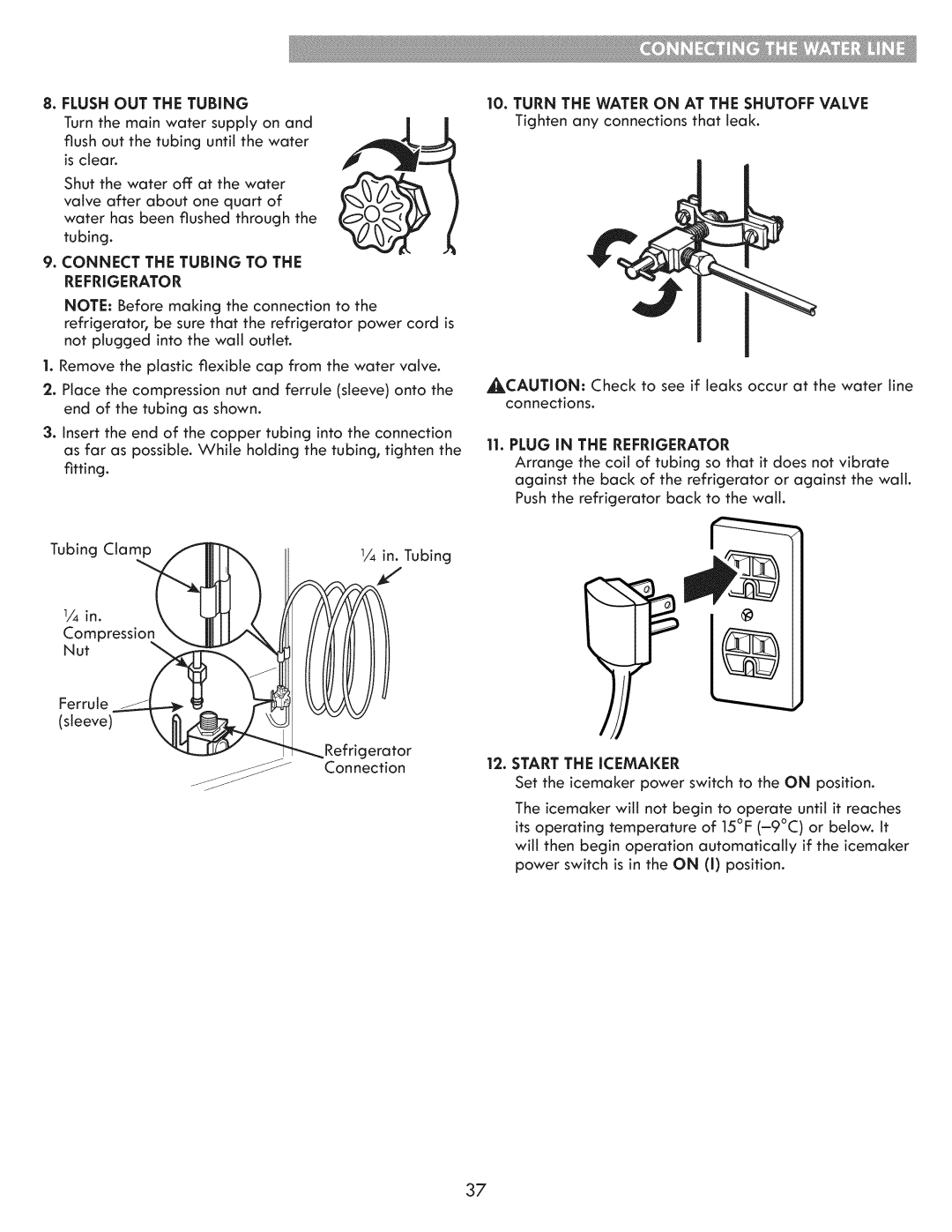 Kenmore 795.7205 manual Flush OUT the Tubing, Connect the Tubing to the Refrigerator, Start the Icemaker 