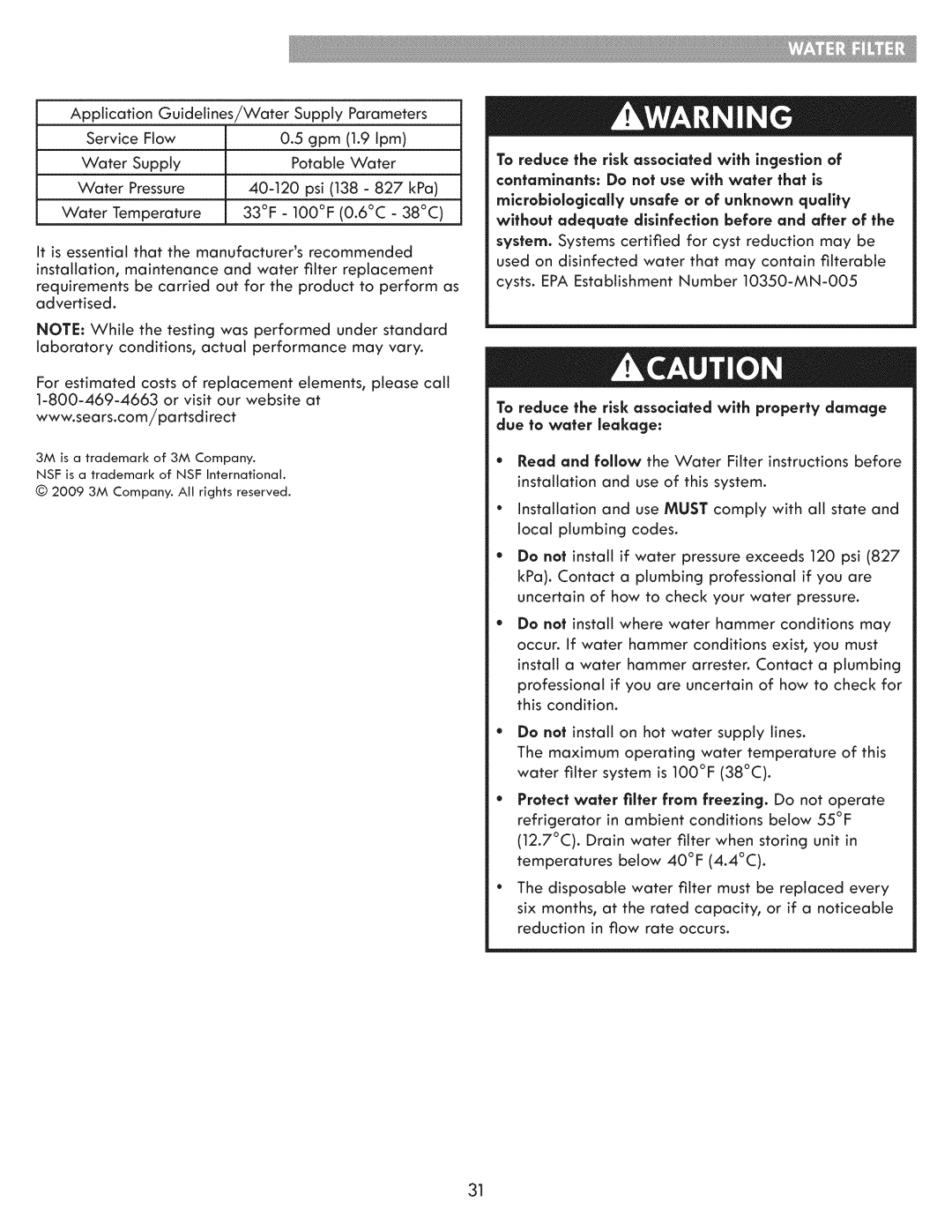 Kenmore 795.7205 manual Application Guidelines/Water Supply Parameters 