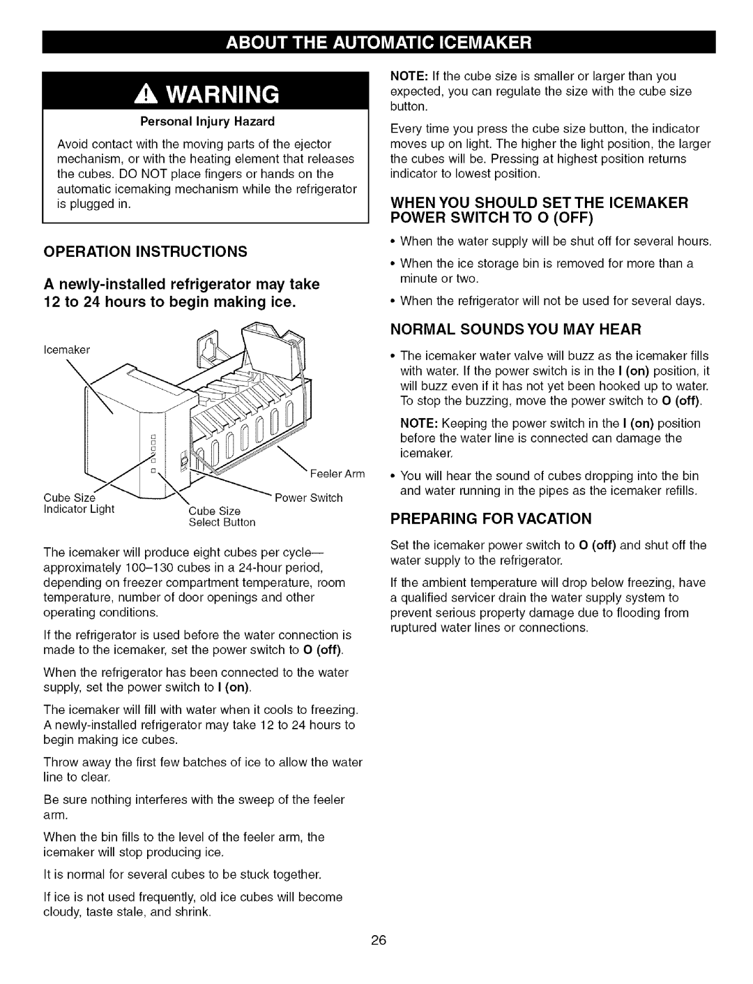 Kenmore 795.755464 Operation Instructions, When YOU should SET the Icemaker Power Switch to O OFF, Preparing for Vacation 