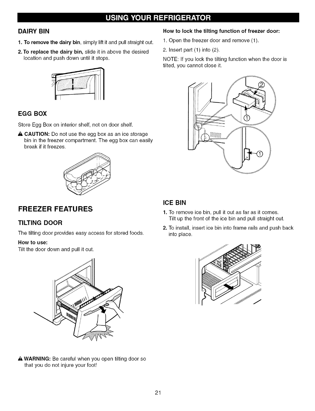 Kenmore 795.755544, 795.755594, 795.755524, 795.755534, 795.755564 owner manual Dairy BIN, Egg Box, Tilting Door, Ice Bin 