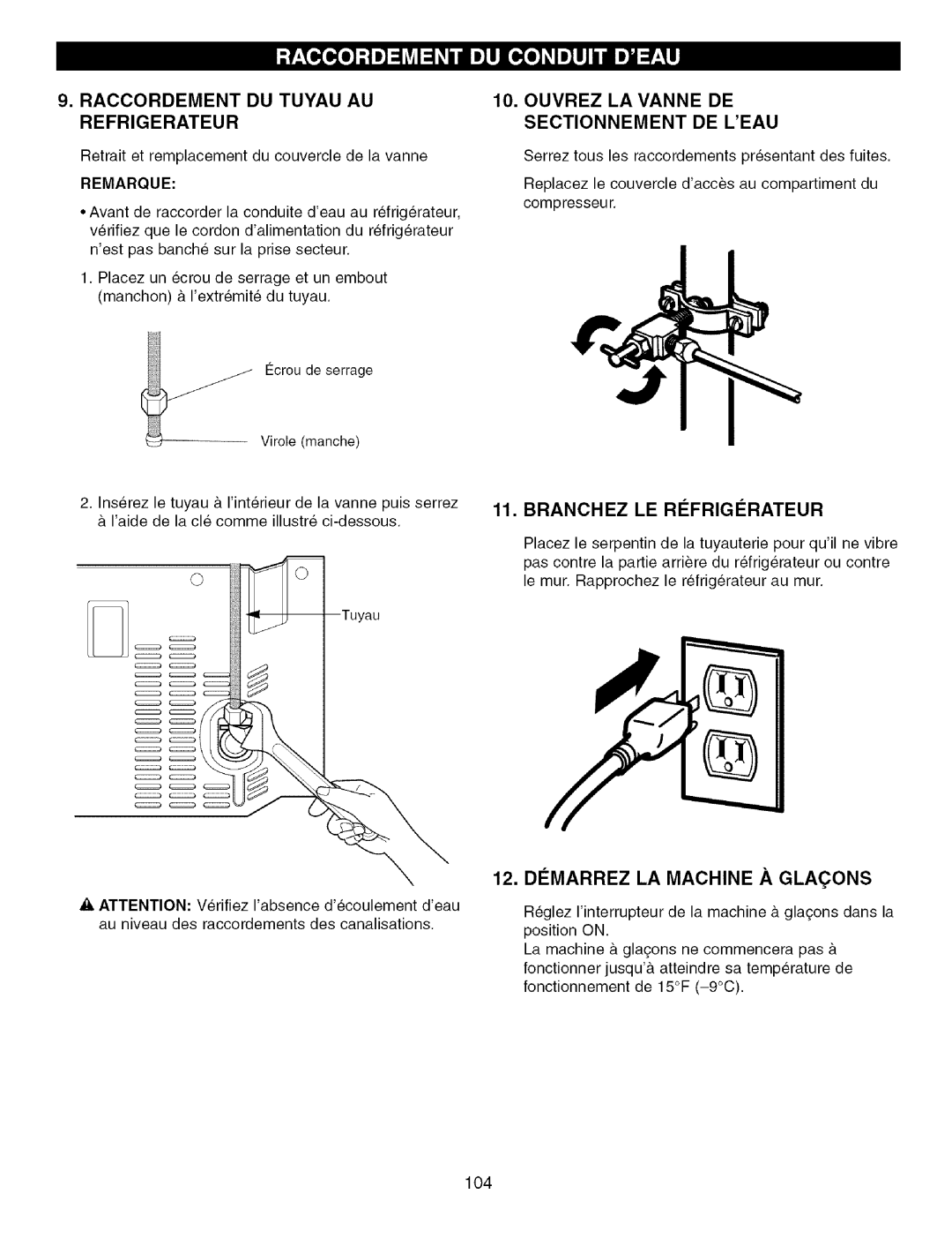 Kenmore 795.7757 manual Raccordement DU Tuyau AU Refrigerateur, Branchez LE Rifrigirateur, Dimarrez LA Machine .,&GLA.ONS 