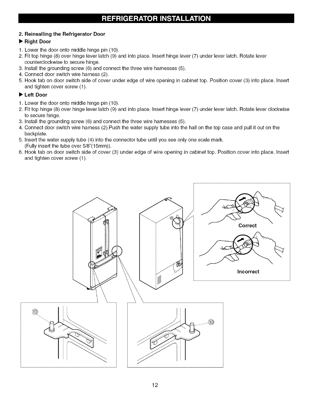 Kenmore 795.7757, 795.7756 manual Reinsalling the Refrigerator Door Right Door, Correct Incorrect 