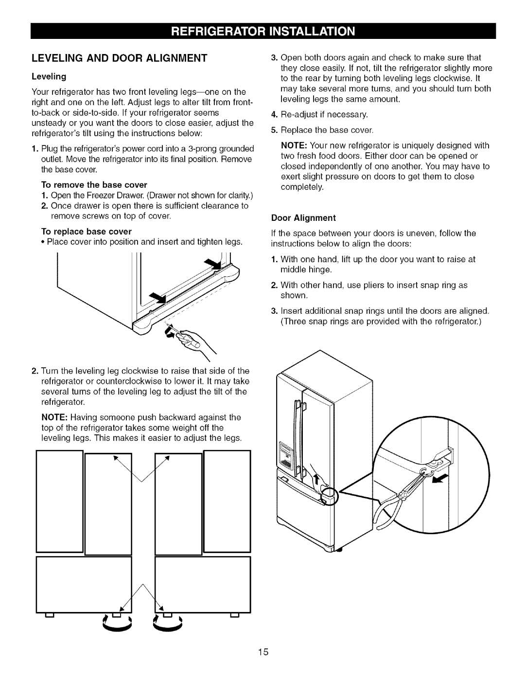 Kenmore 795.7756, 795.7757 manual Leveling and Door Alignment, To remove the base cover 