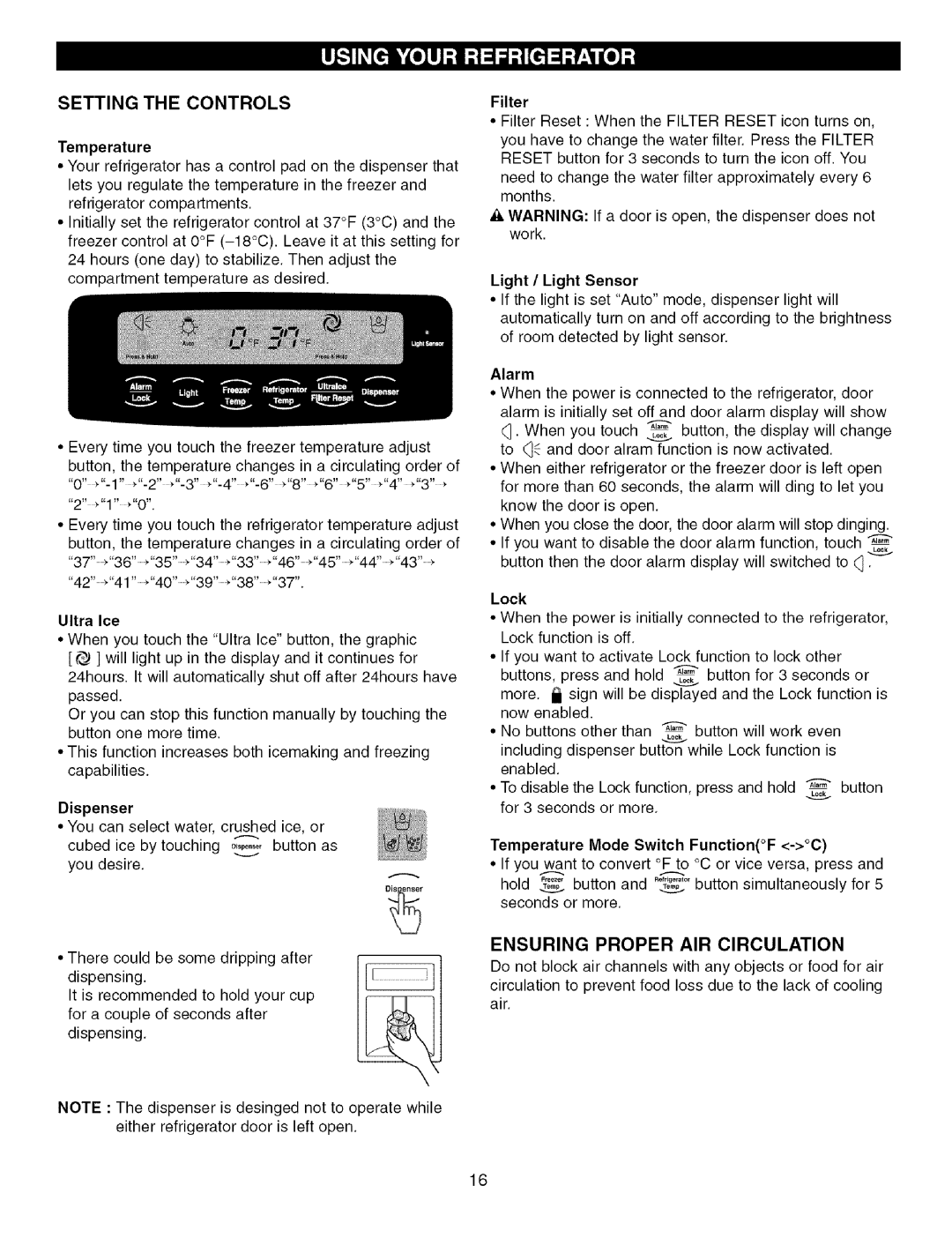 Kenmore 795.7757, 795.7756 manual Setting the Controls, Ensuring Proper AIR Circulation, Dispenser, FunctionF -C 