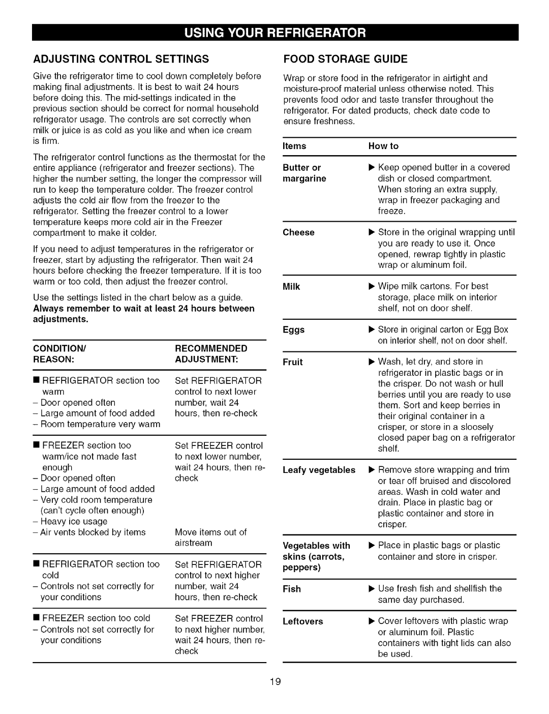 Kenmore 795.7756, 795.7757 manual Adjusting Control Settings, Food Storage Guide, Items How to Butter or, Margarine, Eggs 