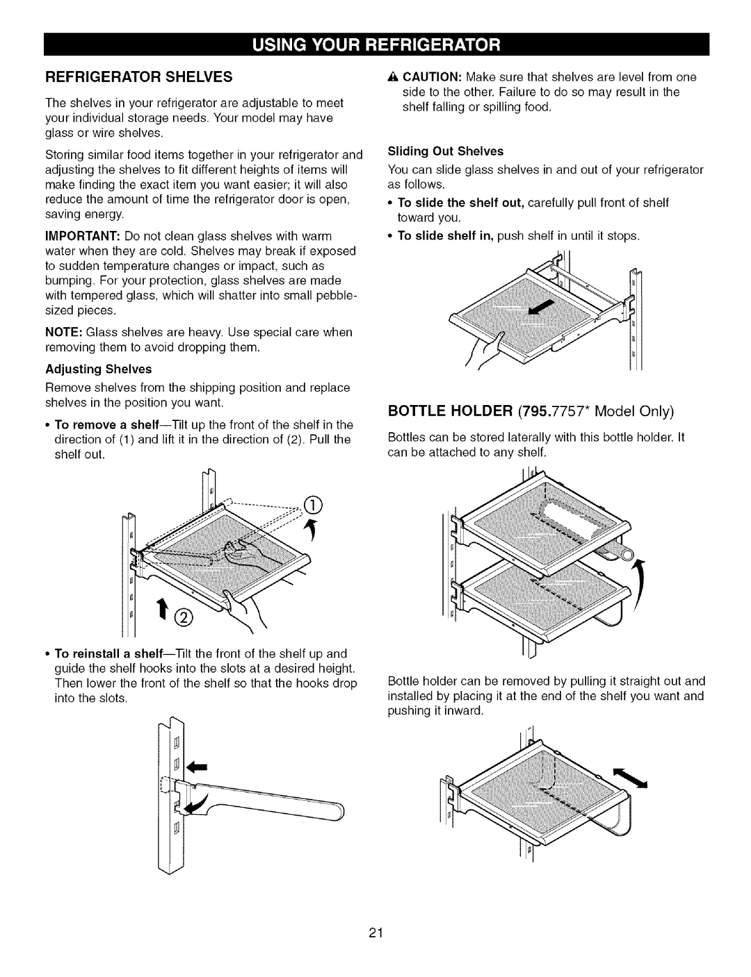 Kenmore 795.7756, 795.7757 manual Refrigerator Shelves, Sliding Out Shelves 