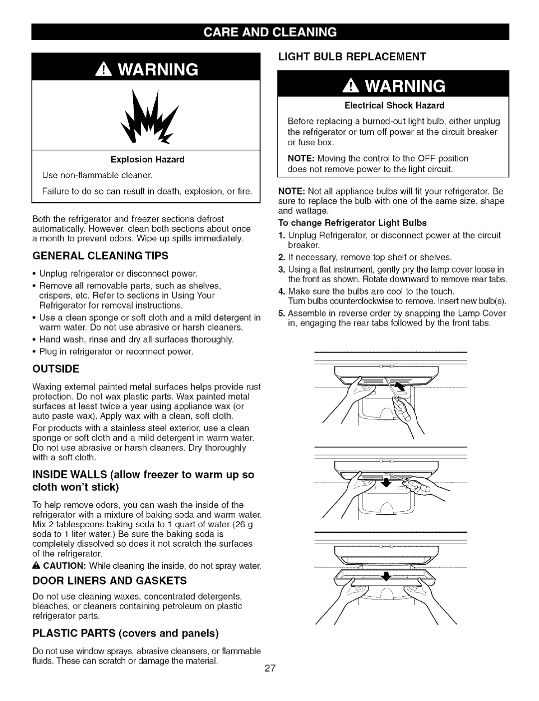 Kenmore 795.7756, 795.7757 manual Light Bulb Replacement, General Cleaning Tips, Door Liners and Gaskets 