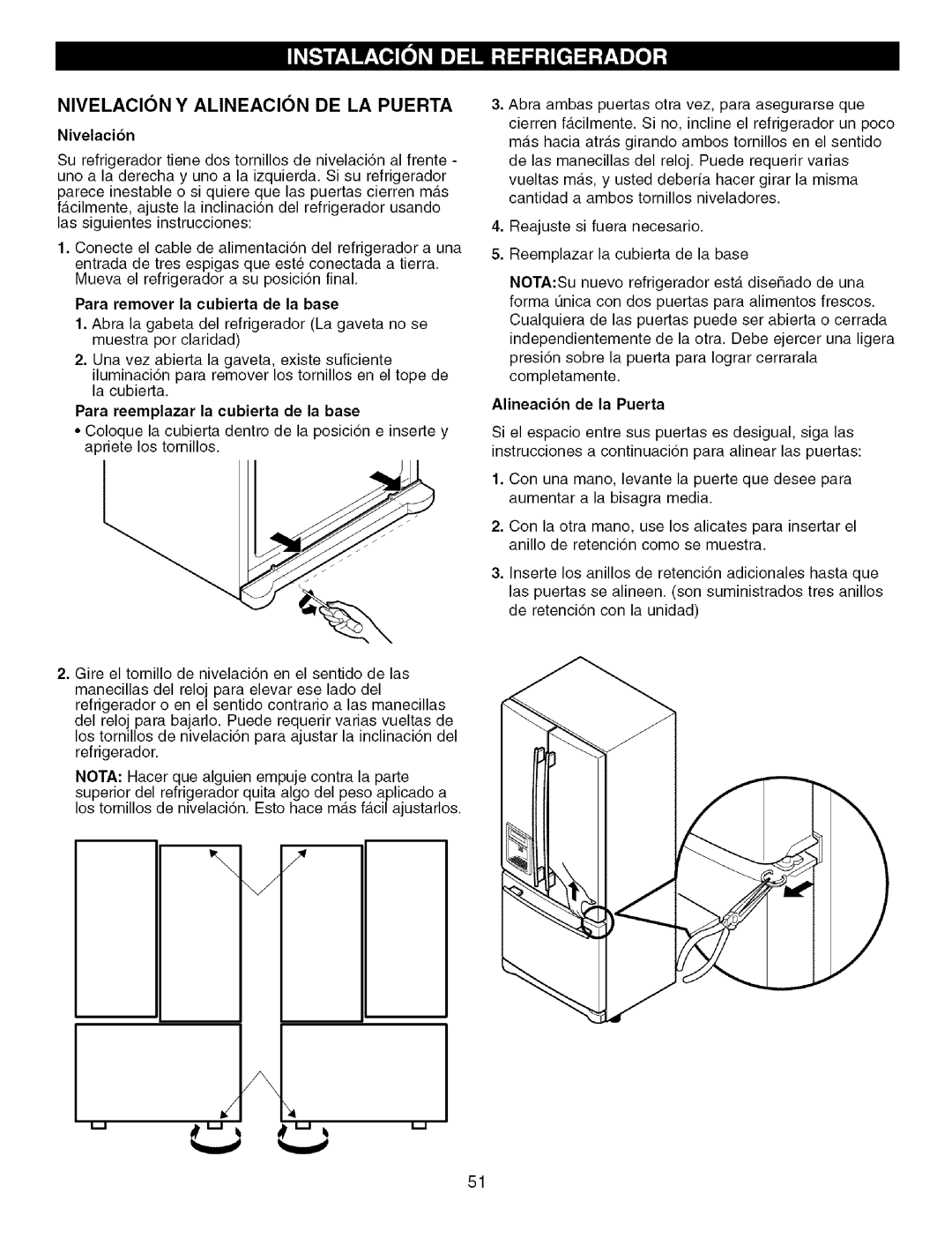 Kenmore 795.7756, 795.7757 manual Nivelacion Y Alineacion DE LA Puerta, Nivelacibn, Para remover la cubierta de la base 