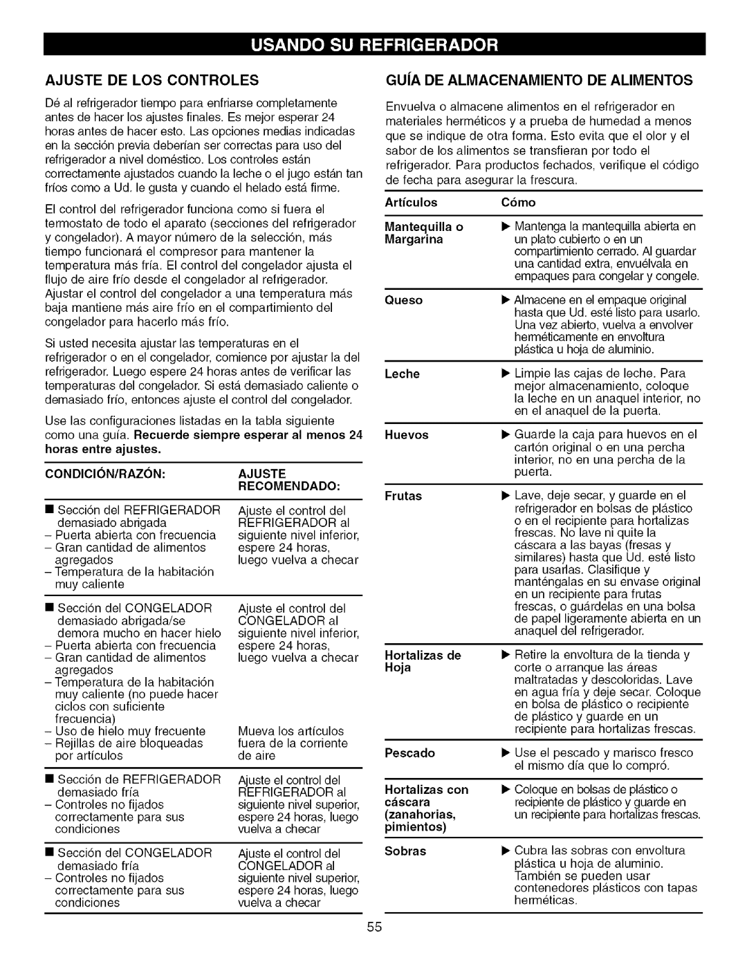 Kenmore 795.7756, 795.7757 manual Ajuste DE LOS Controles Guia DE Almacenamiento DE Alimentos 