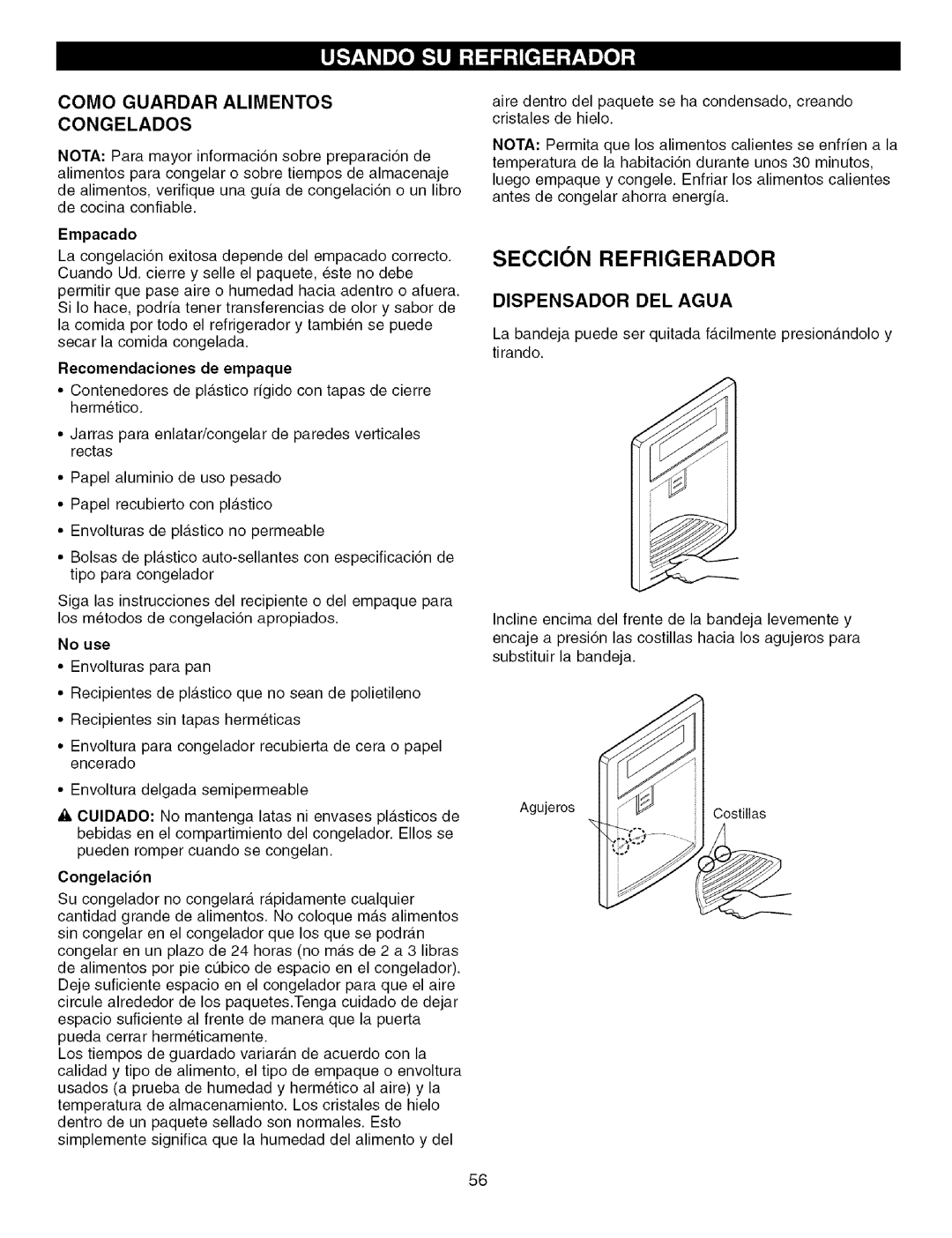 Kenmore 795.7757 Como Guardar Alimentos Congelados, Dispensador DEL Agua, Empacado, Recomendaciones de empaque, No use 