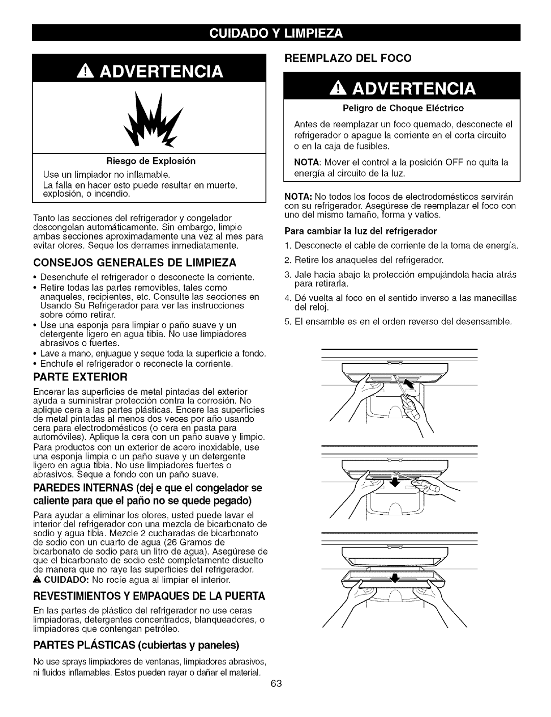 Kenmore 795.7756, 795.7757 Reemplazo DEL Foco, Consejos Generales DE Limpieza, Parte Exterior, Peligro de Choque Elctrico 