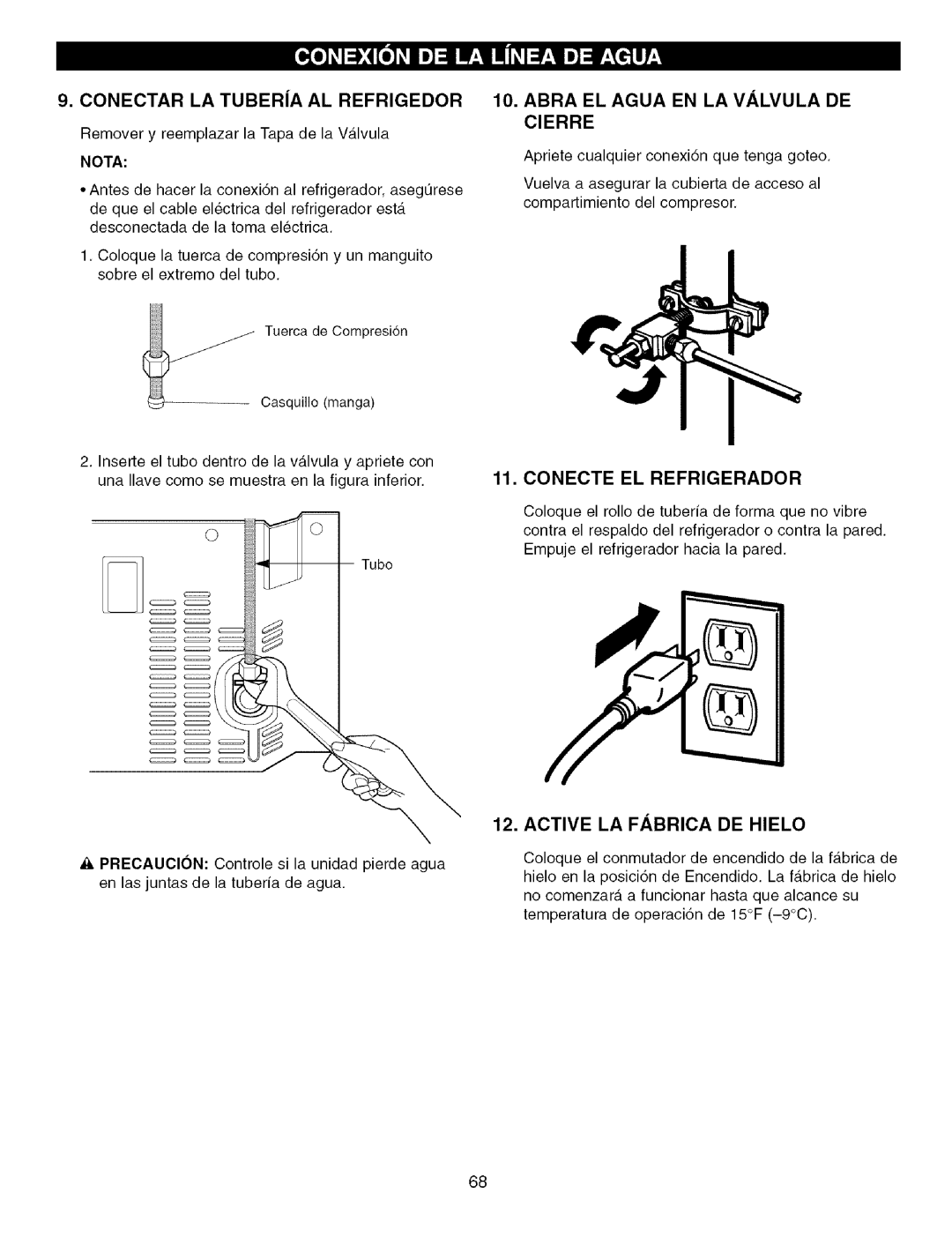 Kenmore 795.7757 manual Conectar LA Tuberia AL Refrigedor, Abra EL Agua EN LA Valvula DE Cierre, Conecte EL Refrigerador 