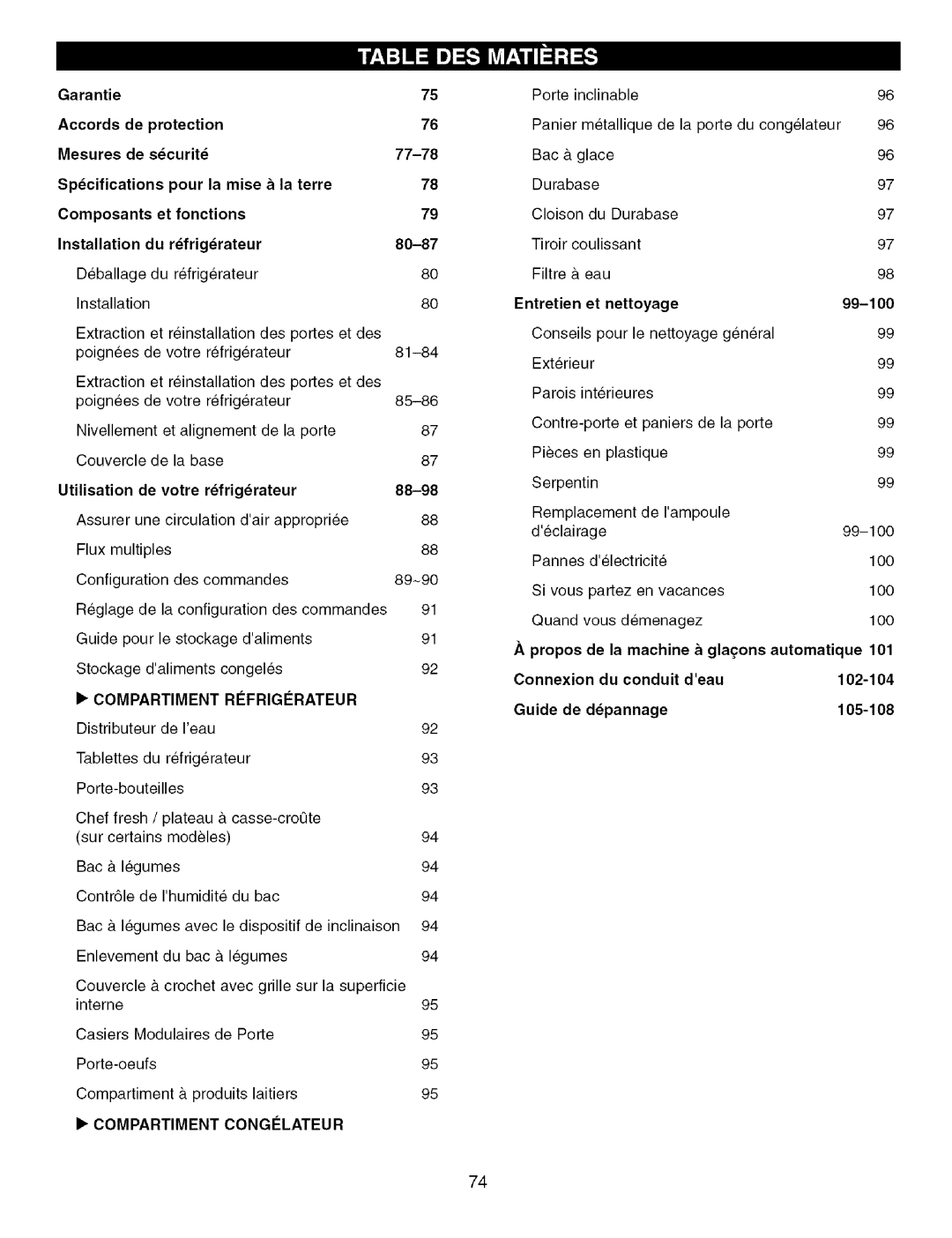 Kenmore 795.7757 manual Garantie, Accords de protection, Mesures de scurit 77-78, Specifications Pour la mise & la terre 