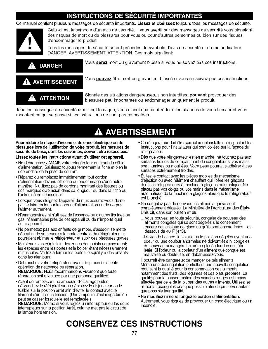 Kenmore 795.7756, 795.7757 manual Conservez CES Instructions, Lissez toutes les instructions avant dutilisercet appareil 