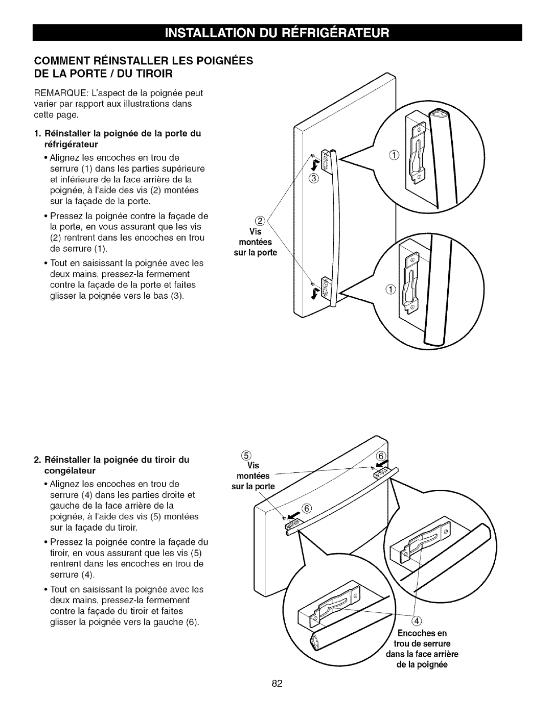 Kenmore 795.7757 Comment Riinstaller LES Poignies DE LA Porte / DU Tiroir, Rinstaller la poigne de la porte du rfrigrateur 