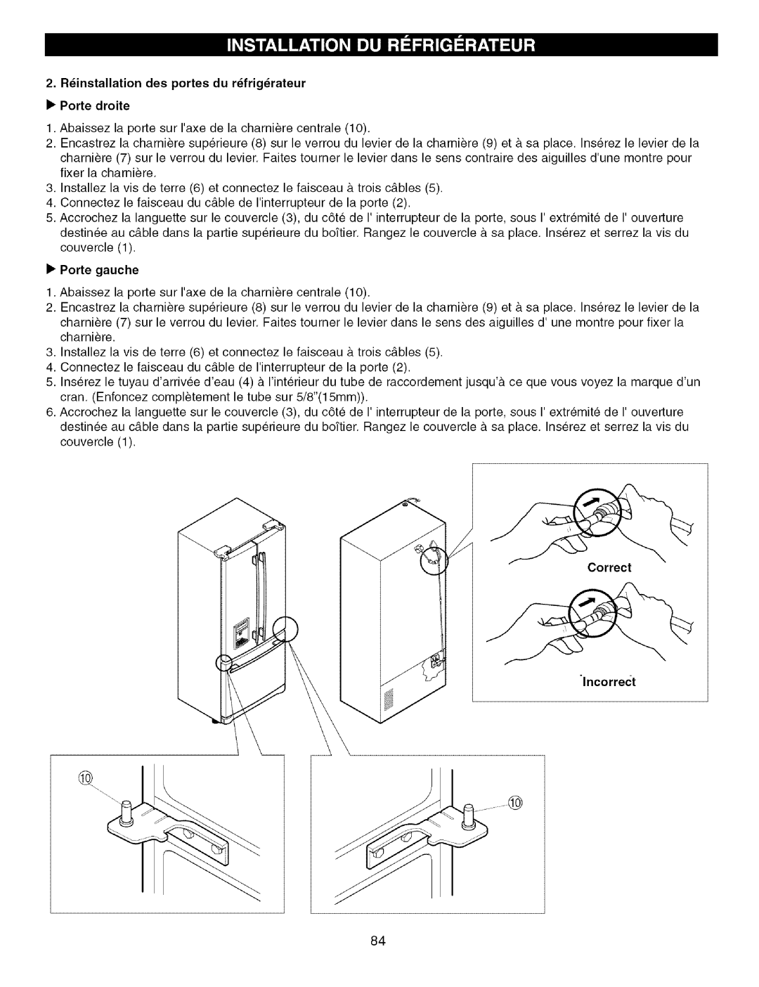 Kenmore 795.7757, 795.7756 manual Rinstallation des portes du rfrigrateur Porte droite, Porte gauche, Correct 