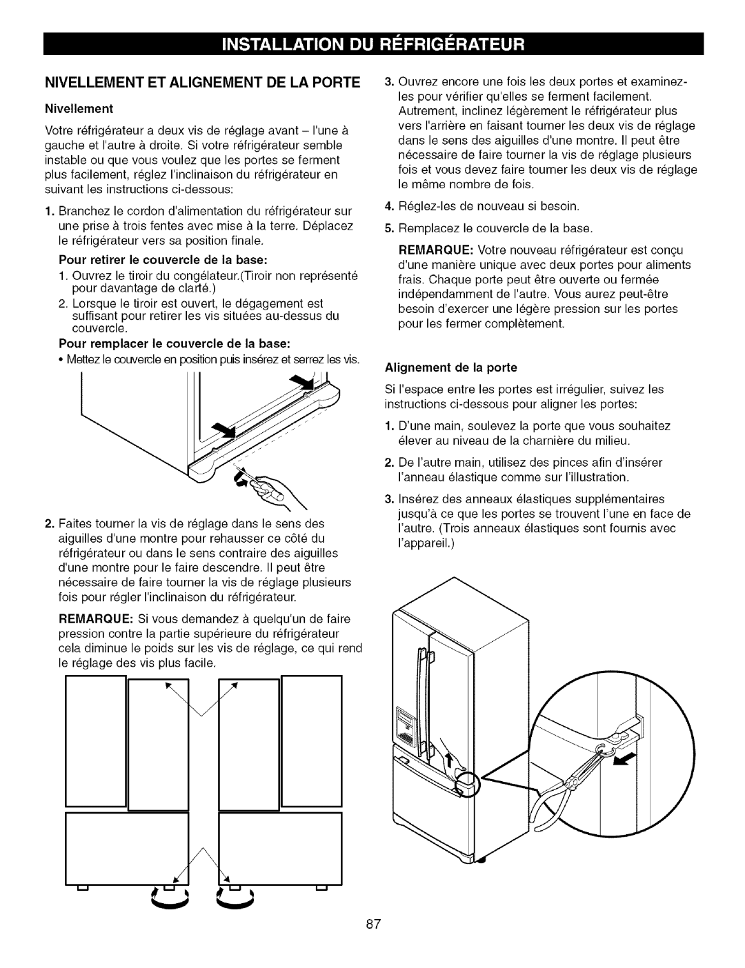 Kenmore 795.7756, 795.7757 manual Nivellement ET Alignement DE LA Porte, Alignement de la porte 