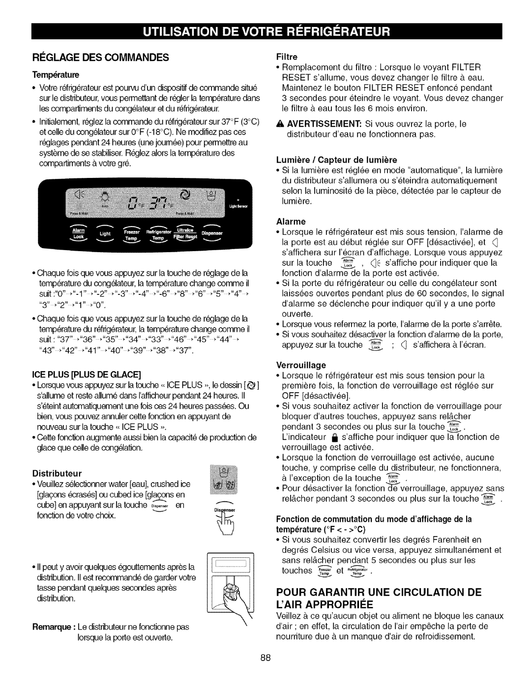 Kenmore 795.7757, 795.7756 Riglage DES Commandes, Pour Garantir UNE Circulation DE Lair Appropriie, Distributeur, Alarme 