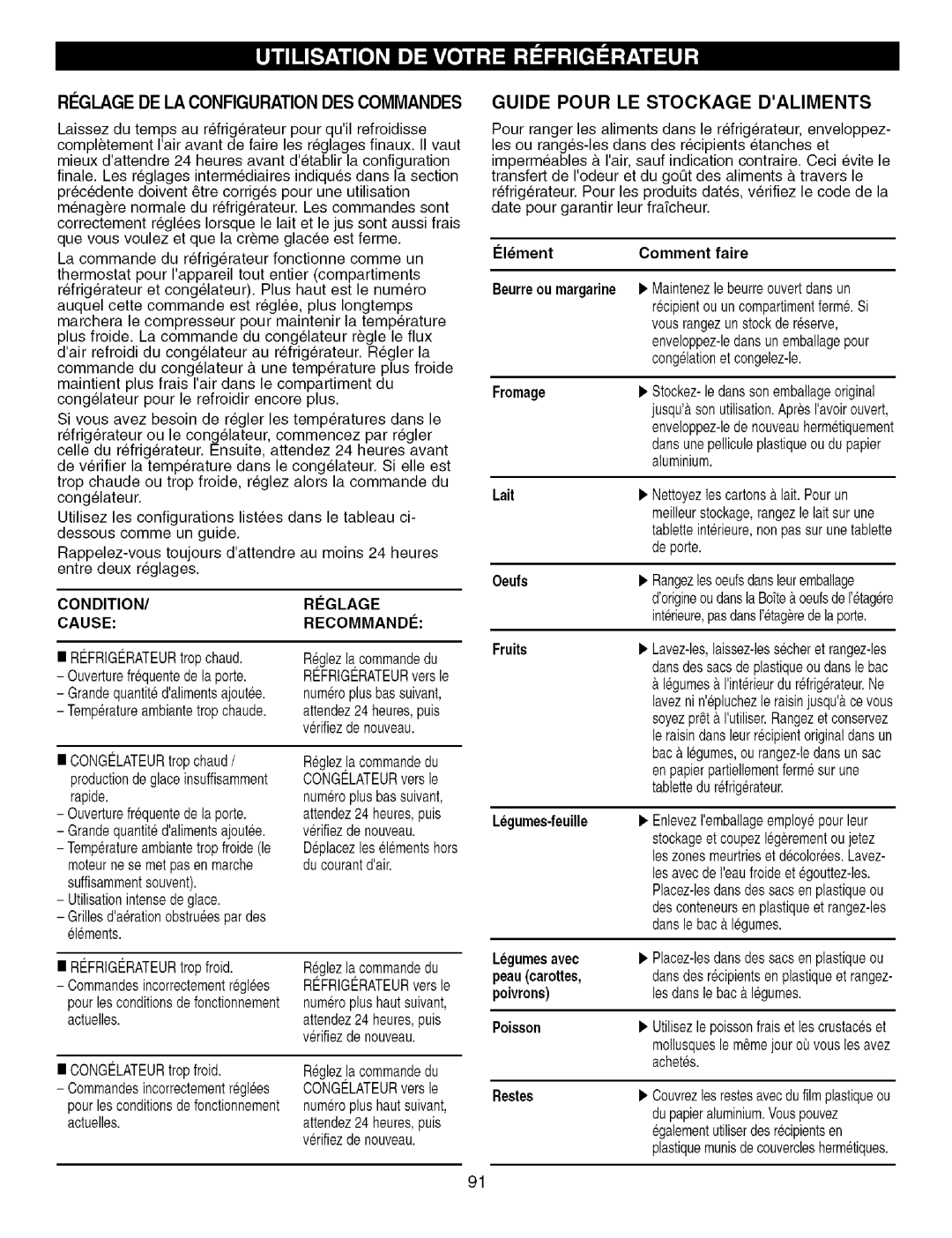 Kenmore 795.7756, 795.7757 manual Riglagede LA Configuration DES Commandes, Guide Pour LE Stockage Daliments 