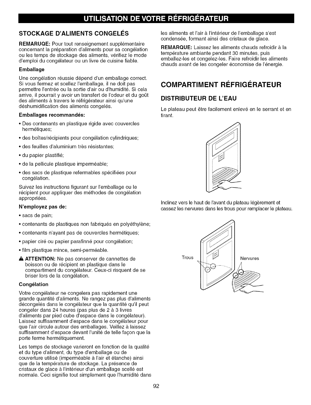 Kenmore 795.7757, 795.7756 Stockage Daliments Congelis, Distributeur DE Leau, Emballages recommands, Nemployez pas de 