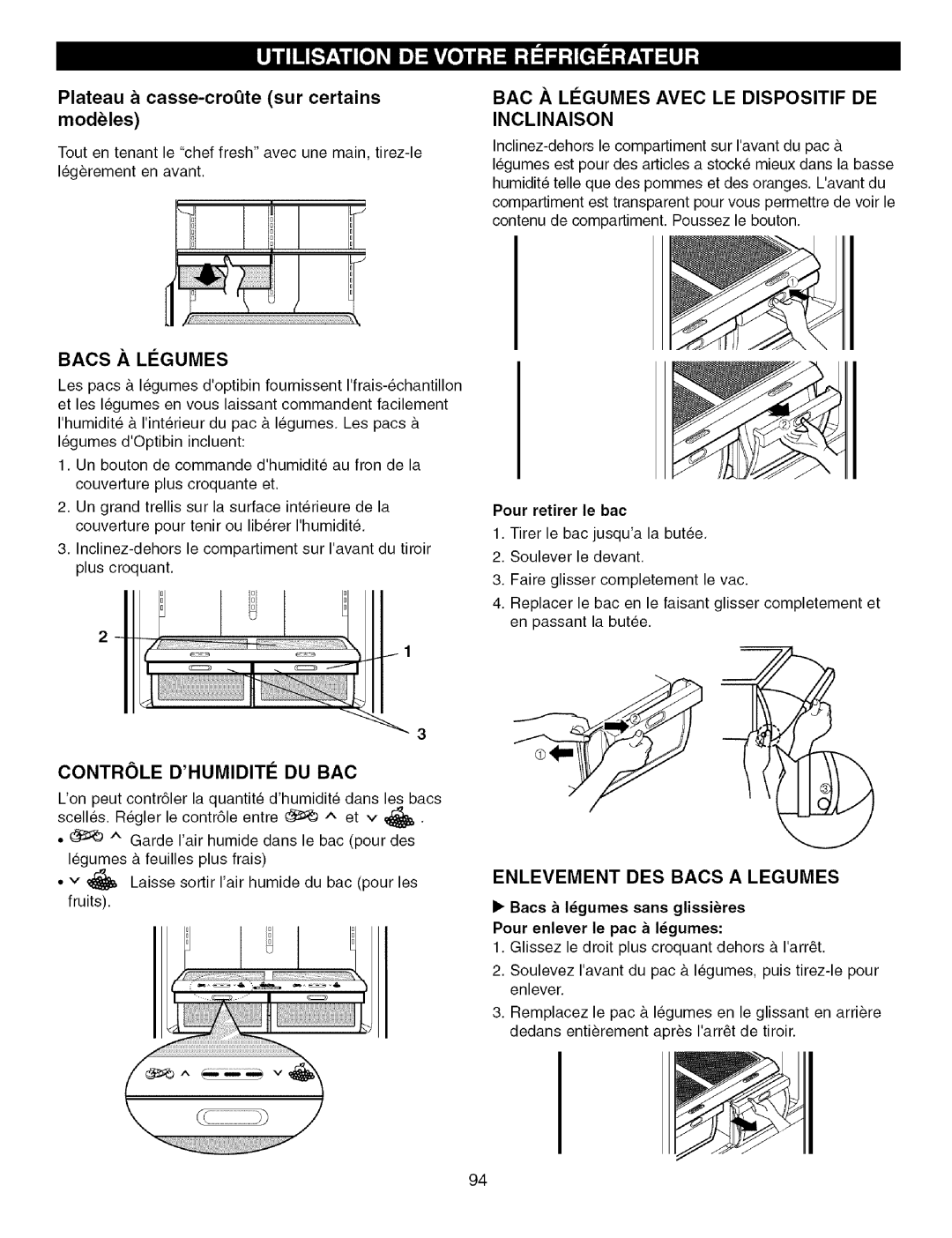 Kenmore 795.7757, 795.7756 manual BAC a Ligumes Avec LE Dispositif DE Inclinaison, Bacs a Ligumes, Controle Dhumiditi DU BAC 