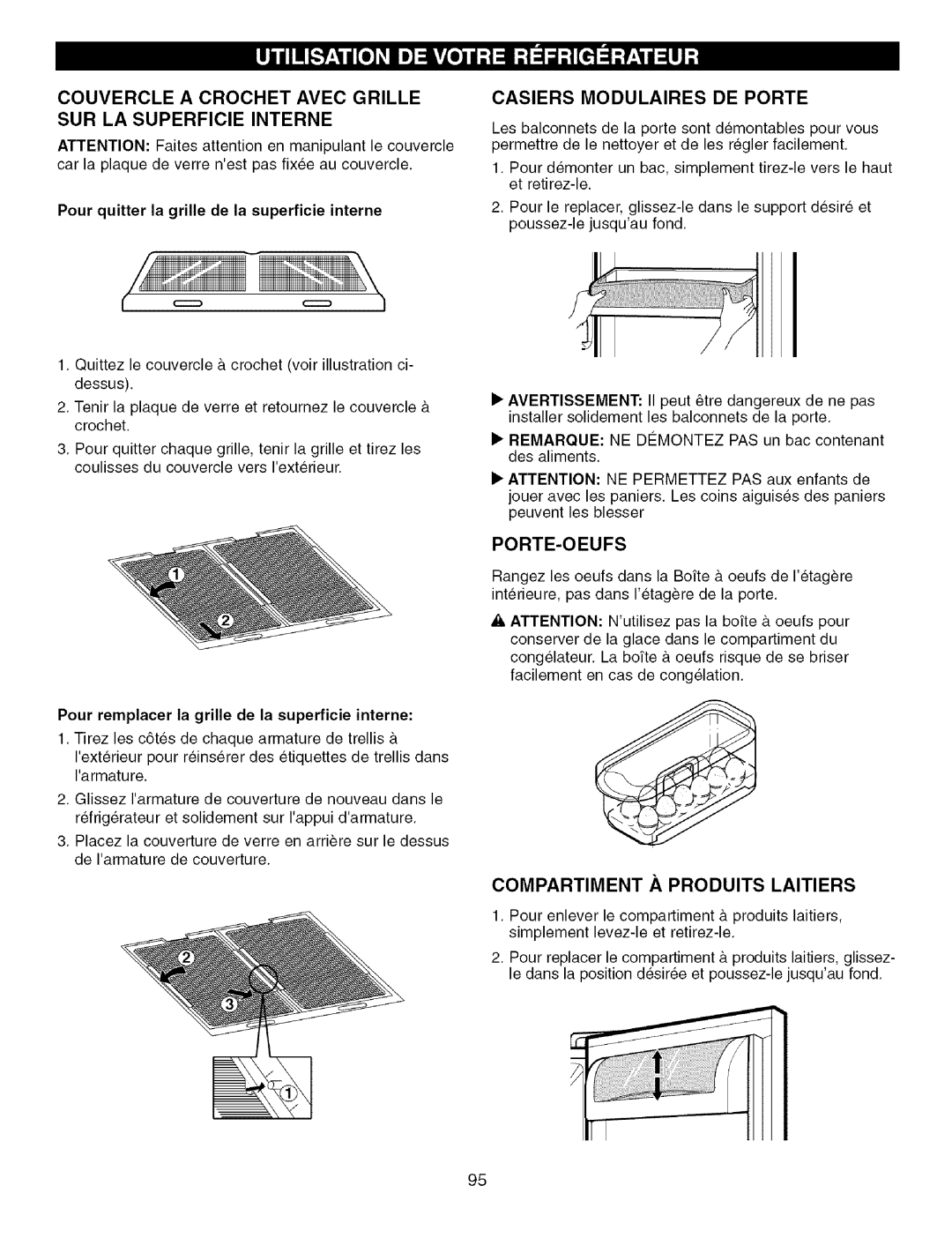 Kenmore 795.7756, 795.7757 manual Casiers Modulaires DE Porte, Porte-Oeufs, Compartiment a Produits Laitiers 