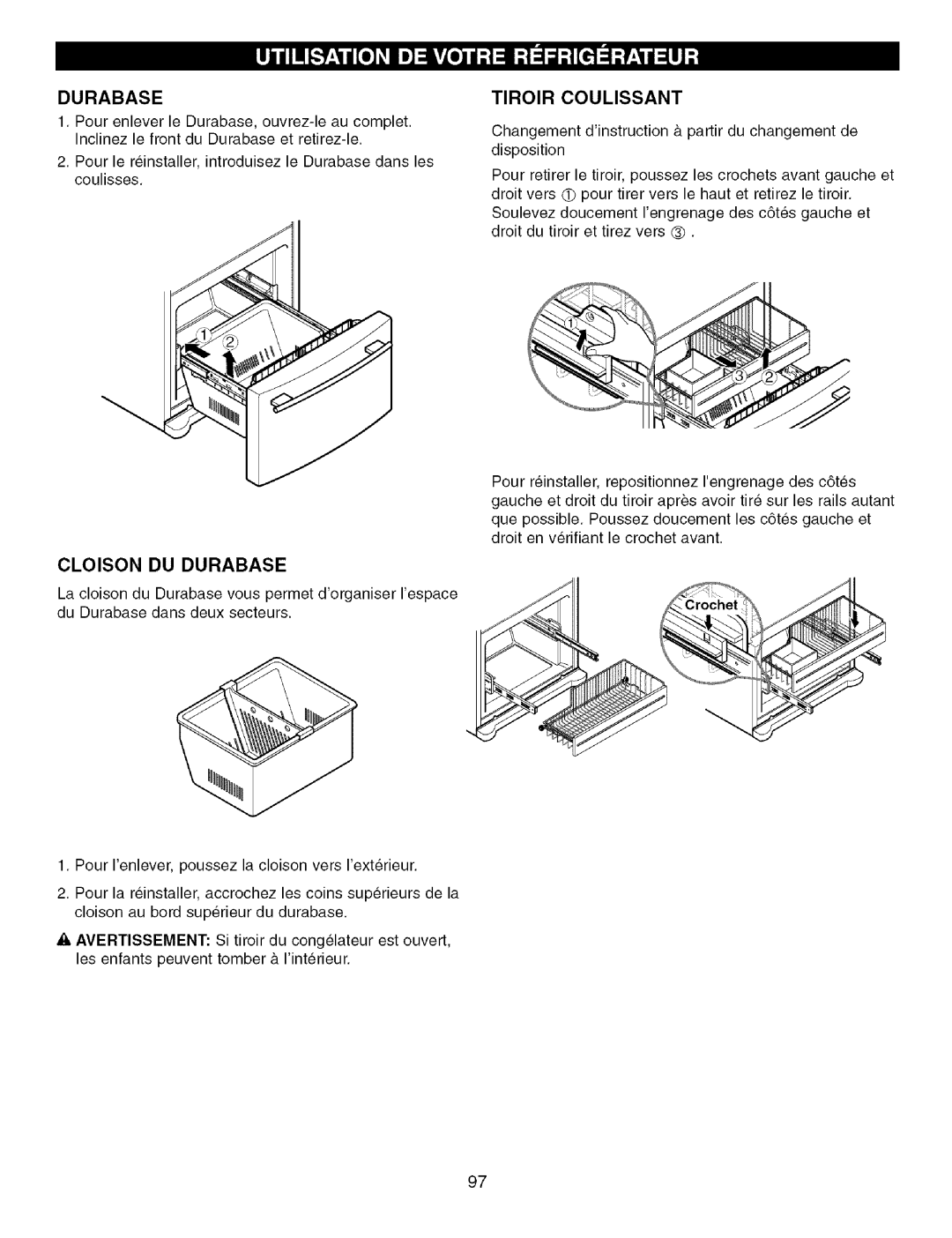 Kenmore 795.7756, 795.7757 manual Cloison DU Durabase, Tiroir Coulissant 