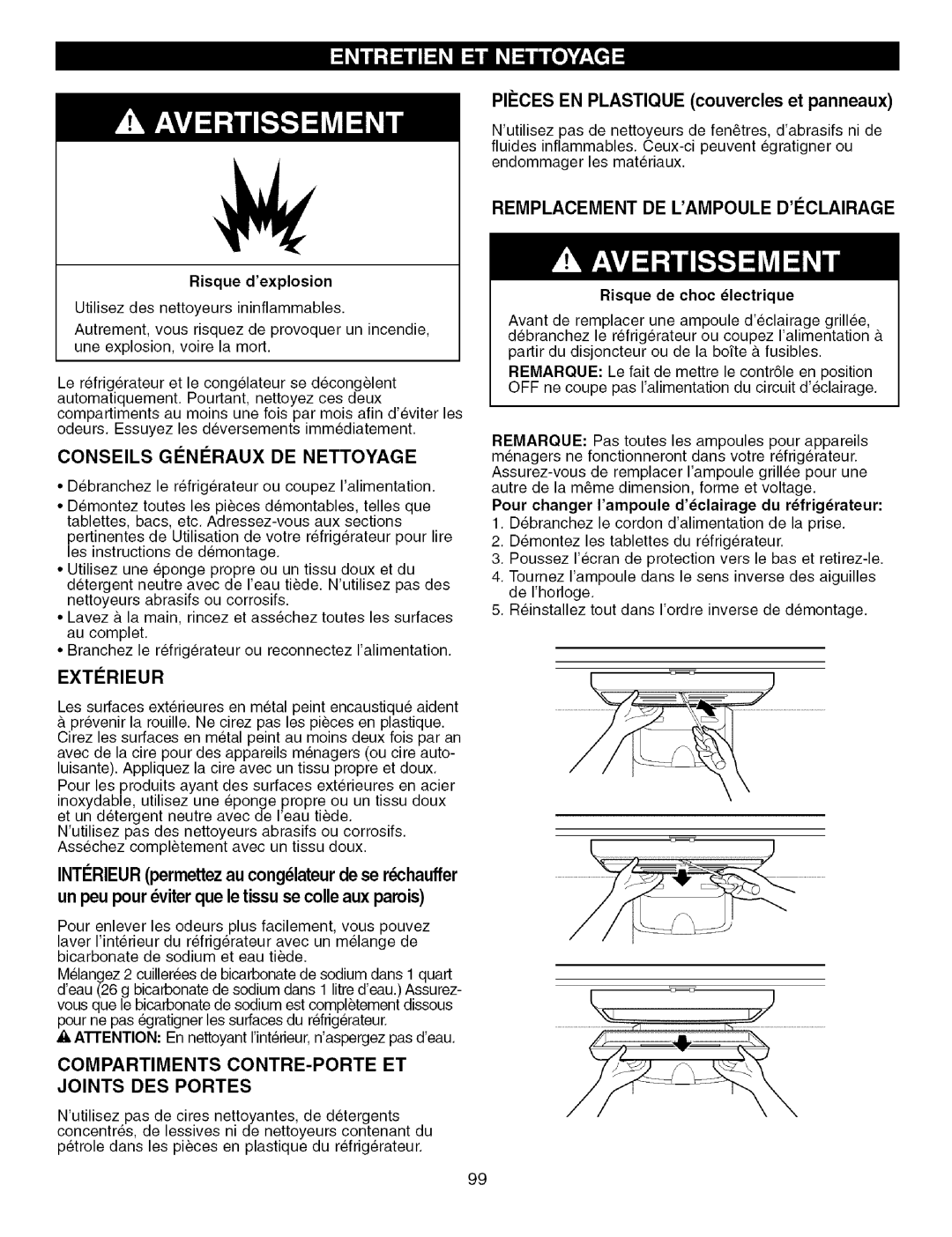 Kenmore 795.7756, 795.7757 manual Conseils Giniraux DE Nettoyage, Extirieur, Compartiments CONTRE-PORTE ET Joints DES Portes 