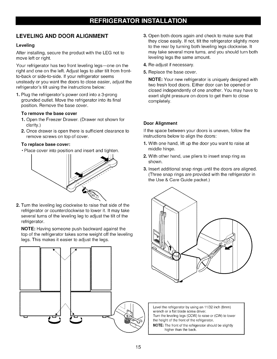 Kenmore 795.785 manual Leveling and Door Alignment 