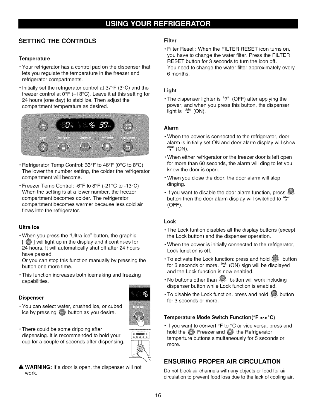 Kenmore 795.785 manual Setting the Controls, Ensuring Proper AIR Circulation 